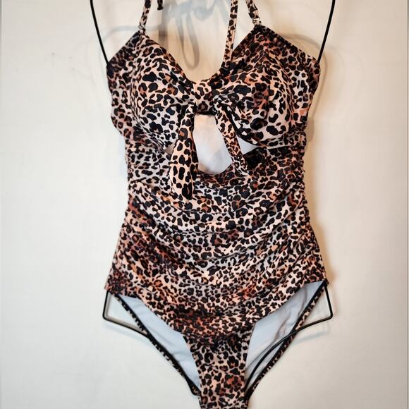 New Cheetah Print One Piece Swimsuit Animal Print Halter Tie 682 Size M - Picture 2 of 9